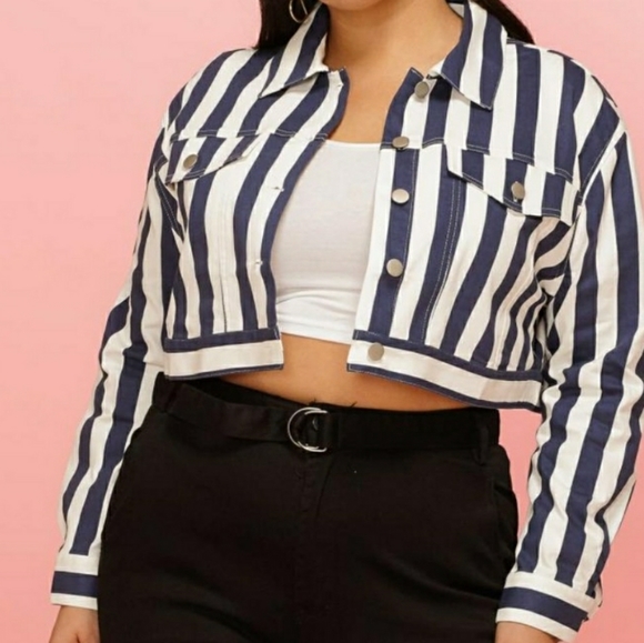 Asoph Jackets & Blazers - Plus Size Striped Crop Denim Jacket